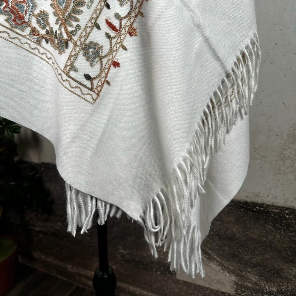 Embroidered white cashmere scarf wrap ruana